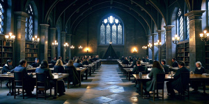 A dark library room in Hogwarts castle. Several students are sitting at the tables reading books.