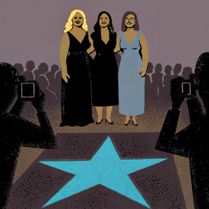 Marisa Zanuck, Brandi Glanville, and Jennifer Gimenez on the Hollywood Walk of Fame. Marisa in black dress, Jennifer in patterned dress, all smiling amidst a crowd of paparazzi
