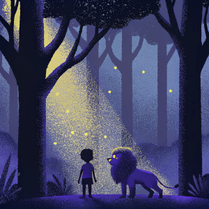 Digital art showcasing the Chronicles of Narnia book series. A young boy stands beside a majestic lion in a forest scene.