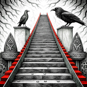 vikings and raven in walhalla stairs runen symbols pattern - perfect realistic art, high-definition, high-definition grey and black, white background 