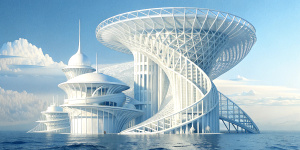 White illustration,  Wes Anderson style, 
 structural aesthetics, collage of many complex metal architectures, the bigest ocean and huge sky, white, more clear background, gain paper