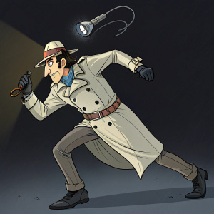 Inspector Gadget, dynamic pose, in action. Wears iconic trench coat, hat, and belt. Dark background highlights his gadget-laden head device.