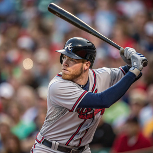 Freddie Freeman, Atlanta Braves star, intense batting stance. Gray and red jersey, batting gloves, helmet. Crowd blurred in background. Energetic, focused expression