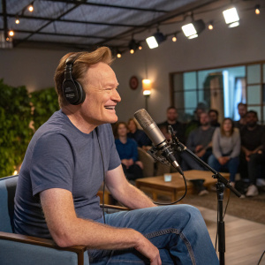 Conan O'Brien, in a casual t-shirt and jeans, hosting a podcast. Studio audience visible.