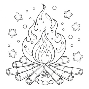  Coloring pages,Campfire with marshmallows, black and white line art