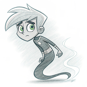 Hand-drawn sketch of Danny Phantom. Minimalist design with intricate pencil lines creating an ethereal appearance.
