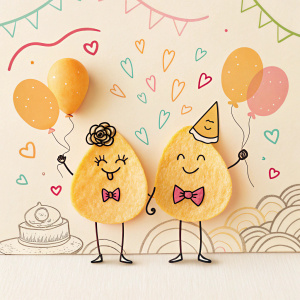 Creative concept sketch for Pringle marketing campaign. Featuring Mr. Pingle and Mrs. Pingle, anthropomorphized Pringles chips, in a cheerful, pastel-colored setting. Hand-drawn illustrations with simple lines highlight family values and celebration events.