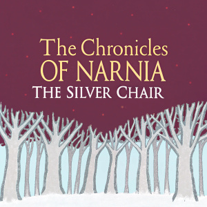 The Chronicles of Narnia: The Silver Chair book cover design. Dark forest background, with intricate silver and gold lettering, depicting a mystical and enchanting realm