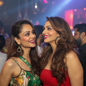 Amrita Arora and Isha Koppikar at a lively party. Numerous guests in the background.