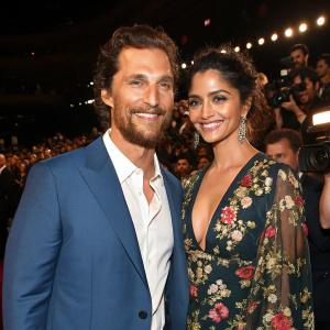 Matthew McConaughey and Camila Alves, both smiling, at a crowded awards show. He in a blue suit, she in a floral dress.