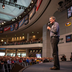 Bobby Labonte delivering his speech at the NASCAR Hall of Fame. Auditorium filled with fans and flashing cameras.