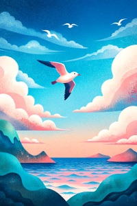 stylish surrealism illustration for a poster,   sea, big sky and a lot of flying white seagulls