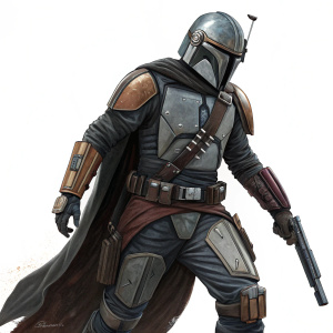 Digital art showcasing Boba Fett in a dynamic stance. The mandalorian warrior sports an intricate armor ensemble featuring black, gray, and brown hues. His helmet is sleek with a visor, while his outfit is equipped with multiple belts and pouches. A blaster weapon is at the ready.