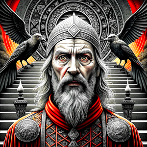 god odin and raven in walhalla stairs runen symbols pattern - perfect realistic art, high-definition, high-definition grey and black, white background 