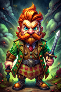 cartoon character of  the barber Haggis Mcmutton of  the videogame The Monkey Island, with perfect sword,  full body, comic ,style pop art, style, graffiti style,  style watercolor, black background, ready for print t-shirt, style art fabric