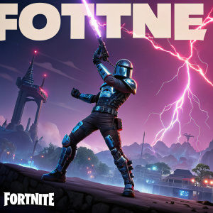 Promotional poster for Fortnite video game. Character in futuristic armor, dramatic pose. 'ATTXNE' text above logo.
