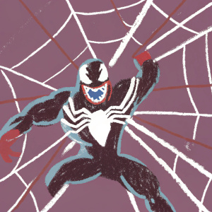 Digital art featuring Venom from Marvel Comics. Aggressive pose, dynamic lines, and vibrant red and black color scheme.