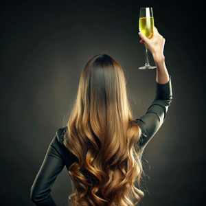 fais moi une femme de dos cheveux long avec un verre de champagne a la main en l'air avec un style class tendance 