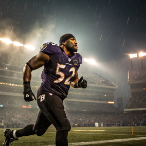 Ray Lewis, #52, in an intense running pose on the field during a game night at M&T Bank Stadium.