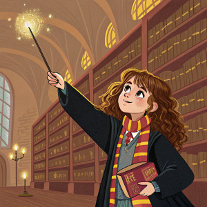A vibrant illustration of Hermione Granger brandishing her wand. Background is a detailed depiction of the Hogwarts library.