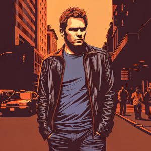 Chris Pratt, sporting a serious look, wearing a navy blue t-shirt and black leather jacket. Against a bustling city street background.