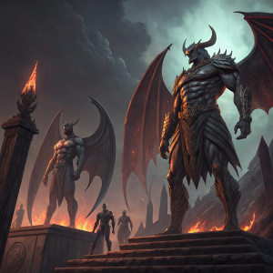 Fantasy artwork featuring colossal statues known as Pit Lords. Dungeons and Dragons inspired. Detailed and dark color palette. Metallic and fiery hues. Muscular figures with wing-like structures.