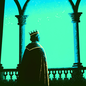 Digital illustration of Cristiano Ronaldo. Renaissance-style background, illuminated by golden hour light. He wears a crown and royal robe.