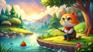 A cartoon cat with a fishing rod on the riverbank is fishing