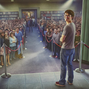 Daniel Radcliffe, in a casual t-shirt and jeans, at a book signing event. Crowded bookstore, vibrant and lively atmosphere