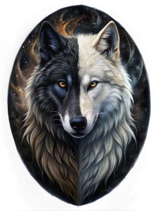 un lobo con un rostro donde la mitad izquierda es de rostro de lobo negro y la otra mitad derecha de lobo blanco, las dos caras en una YIN YAN
