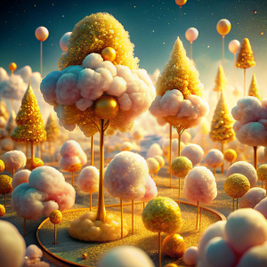 A magical land, in the form of soft cotton candy, in golden colors.