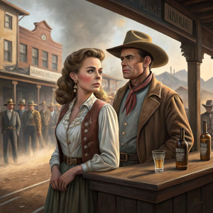 Felicia Farr and Glenn Ford in a vintage film scene from '3:10 to Yuma'. They stand in front of a wooden bar, surrounded by a crowd, creating a classic Western atmosphere.