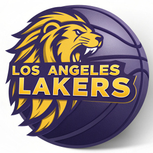 Digital illustration of the Los Angeles Lakers logo featuring a fierce, stylized lion. The logo displays the team name, Los Angeles Lakers, in bold, modern font. The primary colors are deep purple and yellow.