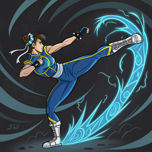 Chun-Li, in a dynamic fighting pose, unleashes a powerful ice-based special move. Set against a dramatic, swirling black and neon blue background.