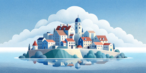 White illustration, Rene magritte style, isolated surrealistic collage of a lot of old German houses and trees on island, huge ocean and big sky, light pastel colors, asymmetrical composition, zoom out view, grainy texturing paper