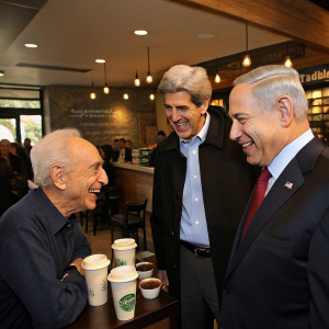 Shimon Peres, John Kerry, and Benjamin Netanyahu in a casual meet-up at a coffee shop. They wear casual clothes, laughing and enjoying a light-hearted conversation.