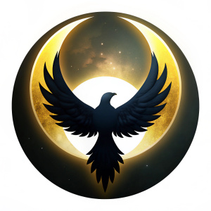 Logo image of a symbol of two crescent moons and a full moon are above a circle of a beautiful black dove with large black wings and a golden halo. 