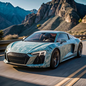 light blue graffiti audi r8, driving in mountains with breathtaking view in the morning 4k macro photo