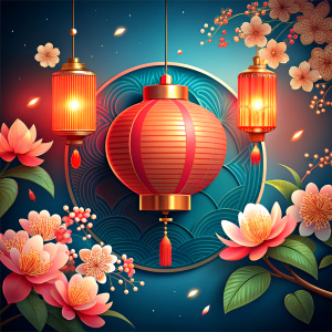 Chinese New Year festive vector card Design with blooming sakura and traditional paper lantern at night (Chinese Translation: Happy New Year, on stamp : wishes of good luck).