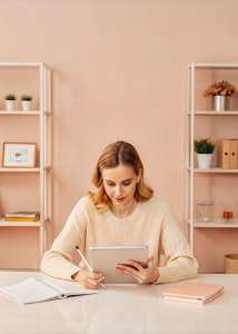 A women in a cozy study nook using a tablet with educational apps and tools. The screen shows interactive diagrams and quizzes, while the women takes notes on a notepad. Surrounding the student are various digital devices and a bookshelf filled with reference materials.