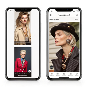 Vivienne Westwood's mobile app showcasing fashion items. Clothing, jewelry, and accessories displayed through high-quality images of models in different styles. Available on smartphones and tablets.