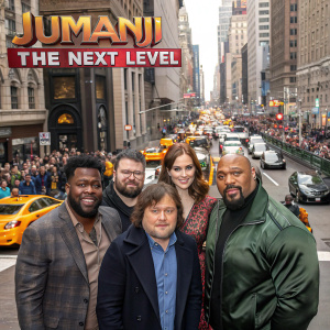 Kevin Hart, Jack Black, Karen Gillan, Dwayne Johnson at a bustling New York City street, promotional event for Jumanji: The Next Level.
