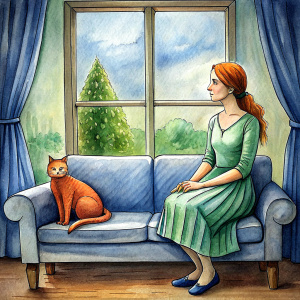 encourage a upset lady sitting on a sofa with a cat, looking outside of window.