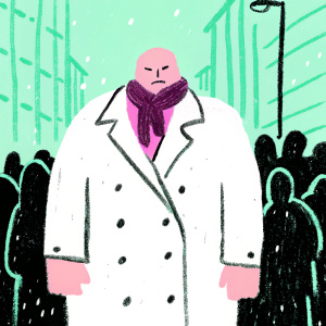 Wilson Fisk, aka Kingpin, standing in a crowded city street. Wearing a large, white trench coat and a purple scarf. Cartoonish in appearance with a stern expression. Crowded city background