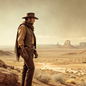 Clint Eastwood, starring in a gritty western film poster. Sole figure against vast, empty desert landscape.