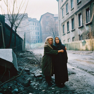 Tuesday Weld and Frances Sternhagen, mother and daughter, stand resilient against a backdrop of harsh urban decay. Their bond, a beacon of strength in the gritty narrative of love and struggle.