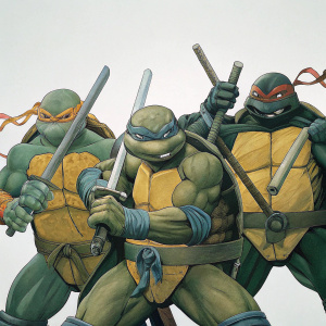 Illustration of Leonardo, Michelangelo, Donatello, and Raphael, the Teenage Mutant Ninja Turtles. They are in an energetic combat stance. Comic book panel style, vibrant colors, against a white backdrop