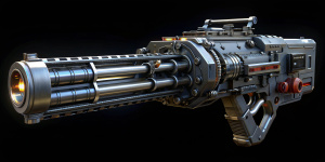 Futuristic Laser Gatling Gun, 35mm film photorealistic, highly detailed, wide shot