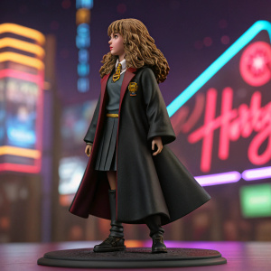 3D rendering of Hermione Granger action figure. Shown from multiple angles, detailed robes and bushy hair. Set against a bright neon backdrop.