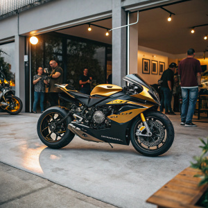 Custom BMW S1000RR superbike in a vibrant black and gold livery, parked in an outdoor showroom with spectators admiring from various angles.